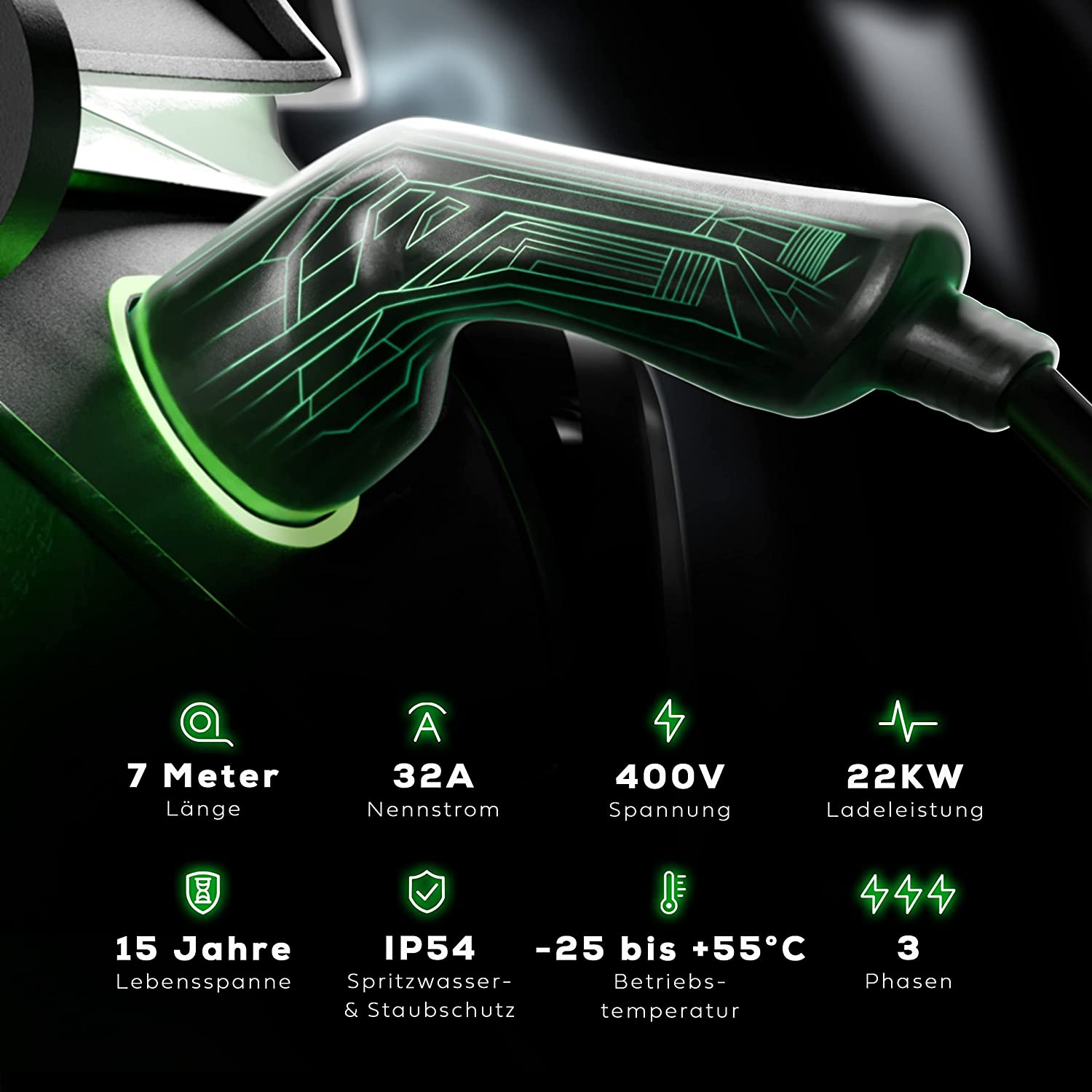 Cablu de încărcare Spark-e Tip 2 22 kW 7 m pentru mașini electrice EV Inclusiv geantă - Cablu de încărcare E Car - Cablu de încărcare 32A 3P Tip 2 - Cablu de încărcare Tip 2 - Cablu de încărcare Tip 2 - 22 kW - Wallbox