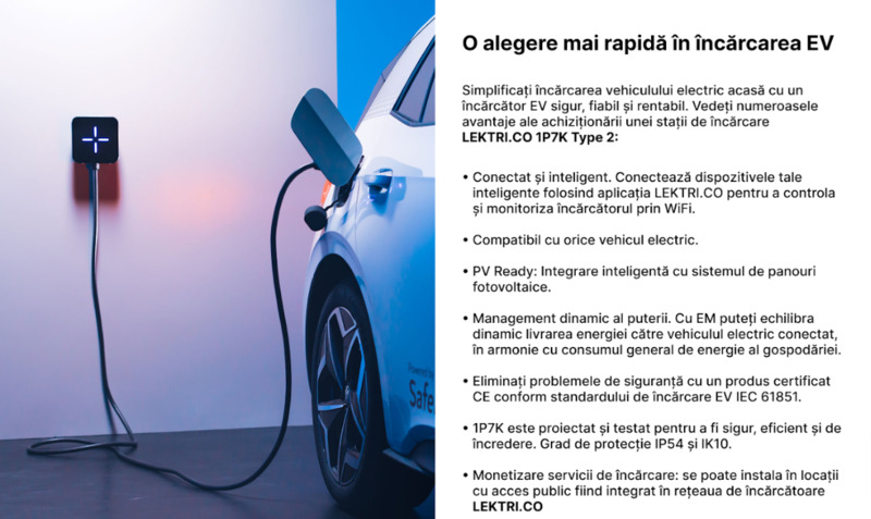 Statie de Incarcare Masini Electrice LEKTRI.CO 1P7K + EM, monofazat, 7.4 kW, 32A, Type 2, cablu 5m Wi-Fi