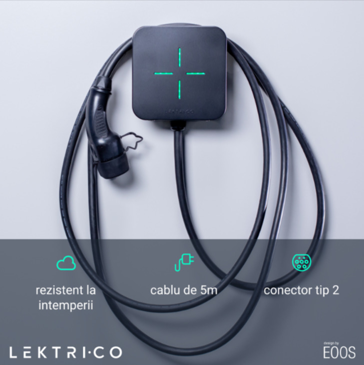 Statie de Incarcare Masini Electrice LEKTRI.CO 1P7K + EM, monofazata, 7.4 kW, 32A, Type 2, cablu 5m Wi-Fi